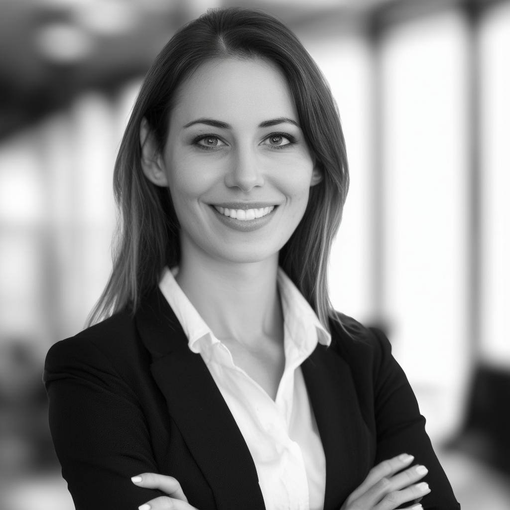 female managmenet consultant presenting with a blured background, with black and white colors