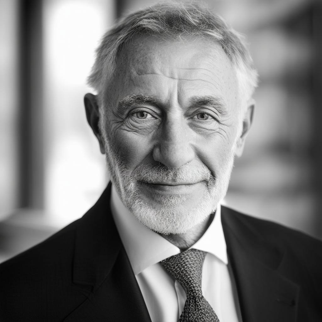 older male lawyer, in black and white colors and a blured background